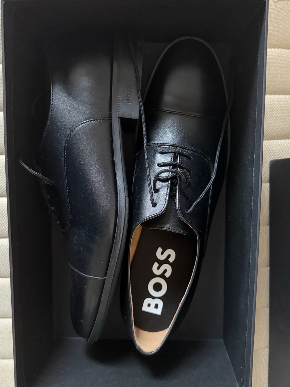 Boss Black Leather Cap-Toe Derby Shoes